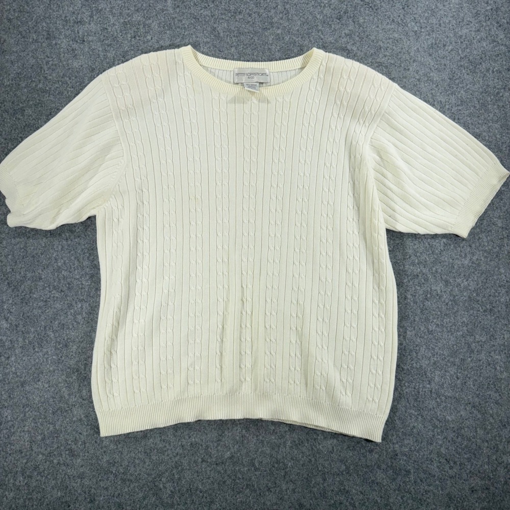Petite Sophisticate Cream Cable Knit Short Sleeve Sweater Petite Large Ribbed
